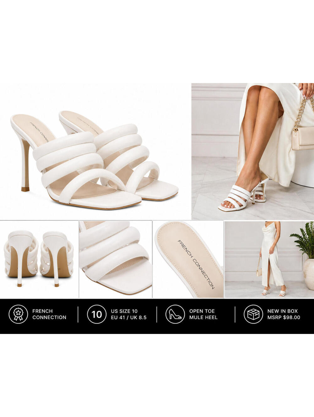French Connection White Strappy Open Toe Heels Size 10 Mule Sandal Stiletto